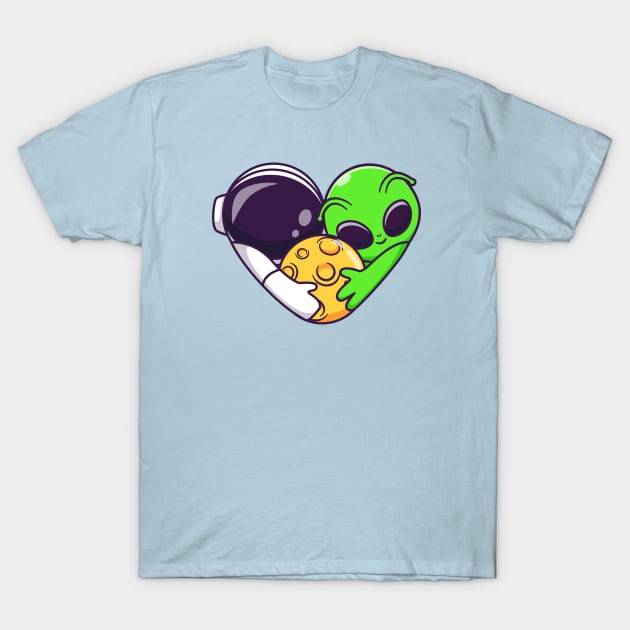 Cute Astronaut And Alien Couple Hug Moon Cartoon T-Shirt by Catalyst Labs